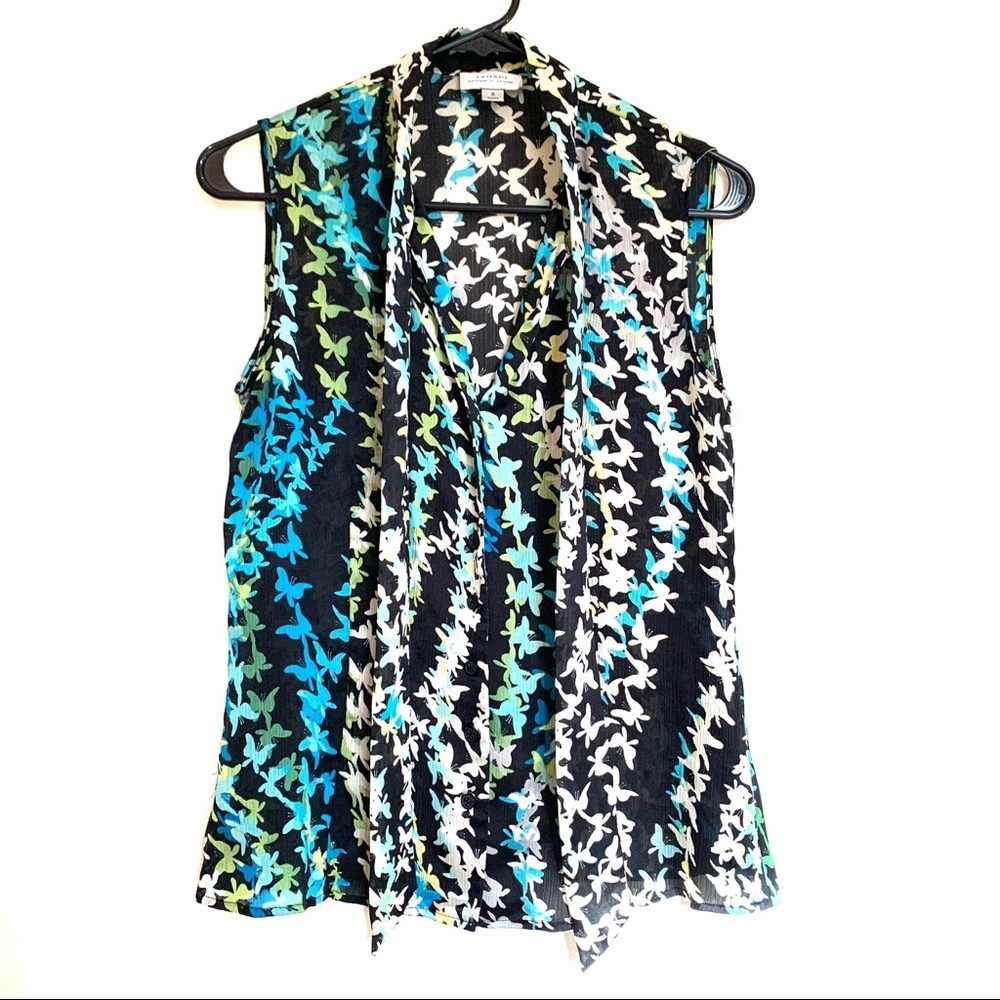 Tahari Black Sleeveless Button-Down Top with Blue, Green & White Floral Print